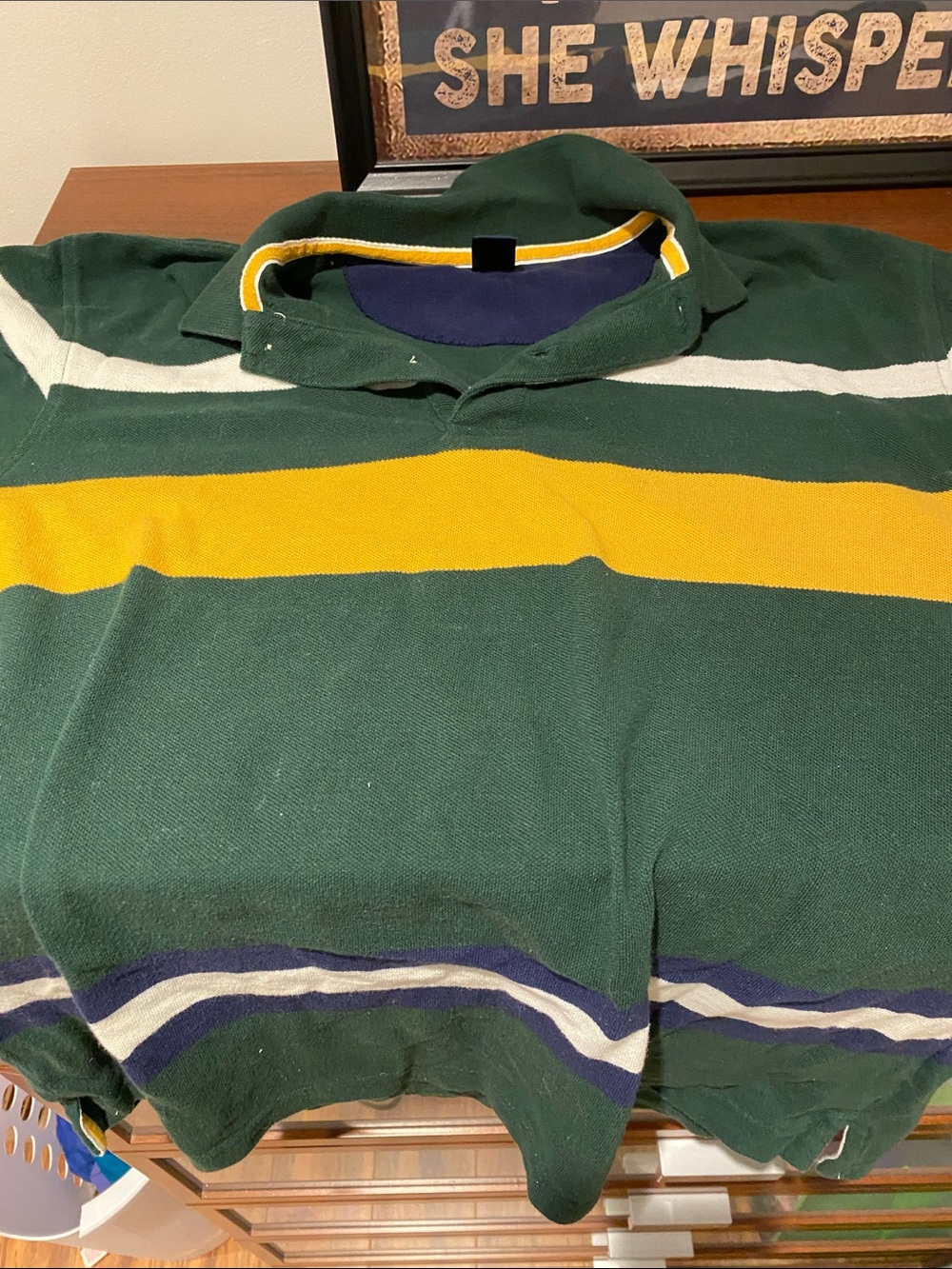 GAP Green Crewneck Rugby Sweater with Yellow and White Stripes